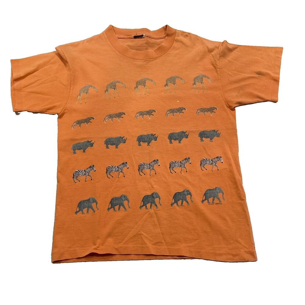 Vintage 1993 JLM Safari Animals Single Stitch Graphic T Shirt Orange Medium M